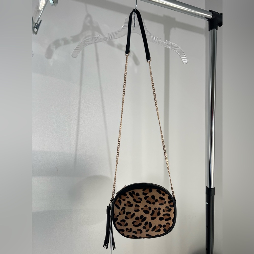 Cheetah Print Black Leather Purse with Gold Chain